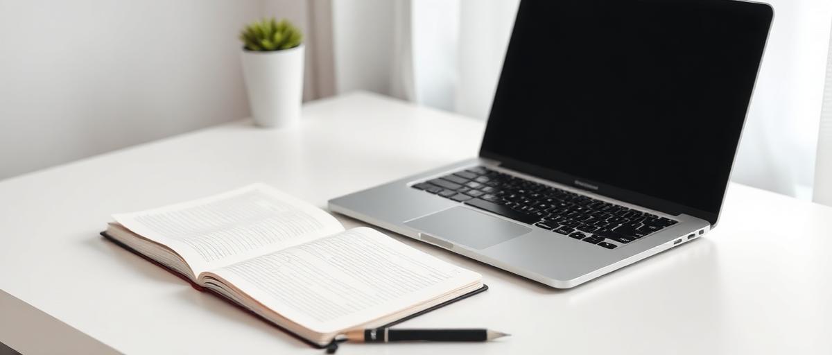 Cena minimalista de estudos com laptop e caderno em uma mesa branca